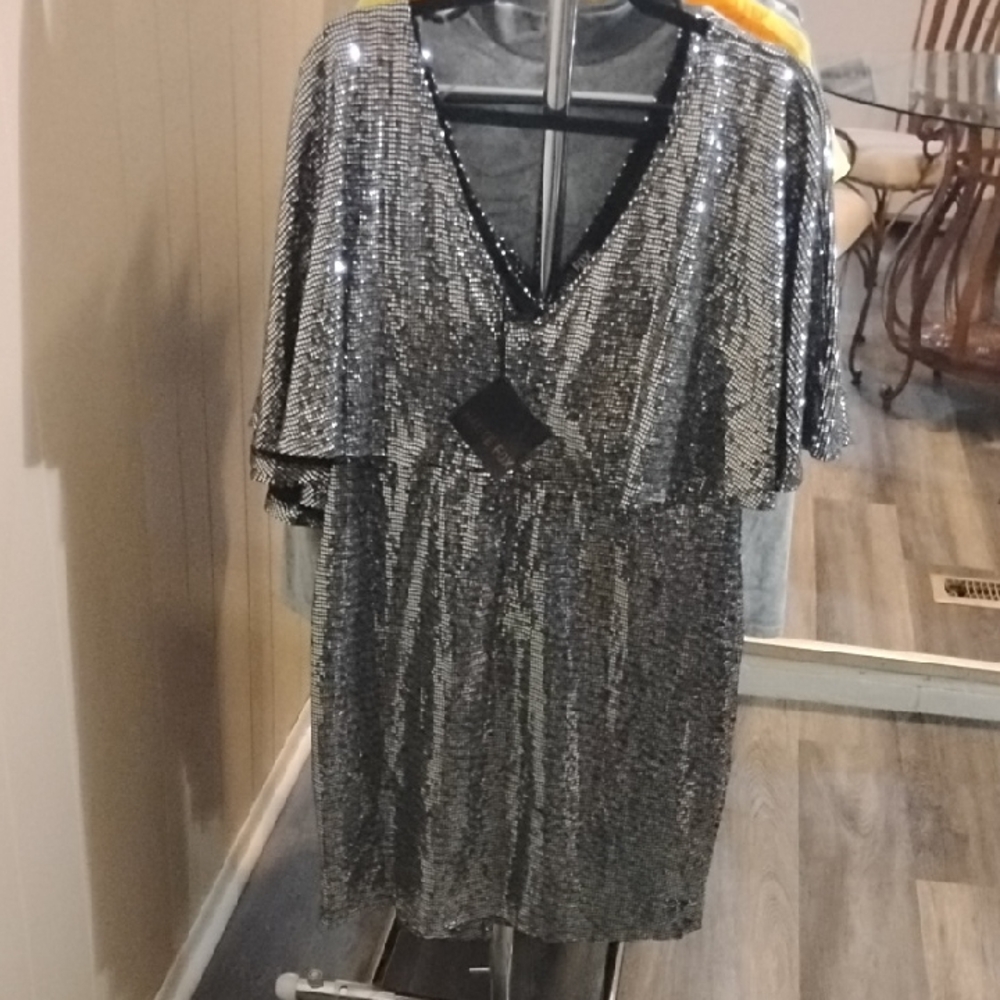 Silver Flutter Sleeve V-Neck Mini Sundress